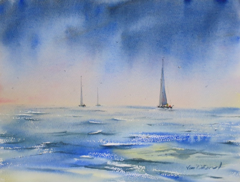 seascape, sea, ocean, waves, wind, storm, boat, sailboat, original watercolor painting, oberst